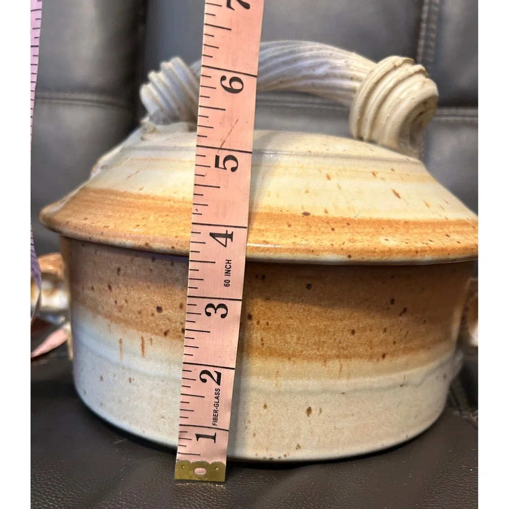 VTG. Handmade Earthenware Lidded/Handle Dish. Glazed, Cream/Brown.